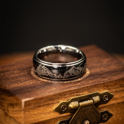 BLACK Tungsten WEDDING Ring with Silver Mountains and Silver Inside Band, Outdoor Ring, Engraved Mountain Ring, Unique Band, 8mm Ring