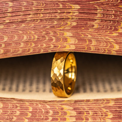 HAMMERED GOLD WEDDING 6mm Ring, 18K Yellow Gold Wedding Band, Men's Engagement Ring, Hammered Ring, Gold Tungsten Ring, Men's Wedding Band