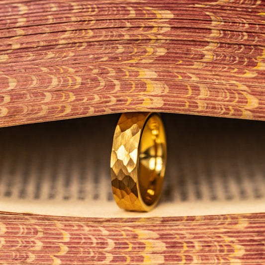 HAMMERED GOLD WEDDING 6mm Ring, 18K Yellow Gold Wedding Band, Men's Engagement Ring, Hammered Ring, Gold Tungsten Ring, Men's Wedding Band