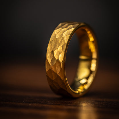 HAMMERED GOLD WEDDING 6mm Ring, 18K Yellow Gold Wedding Band, Men's Engagement Ring, Hammered Ring, Gold Tungsten Ring, Men's Wedding Band