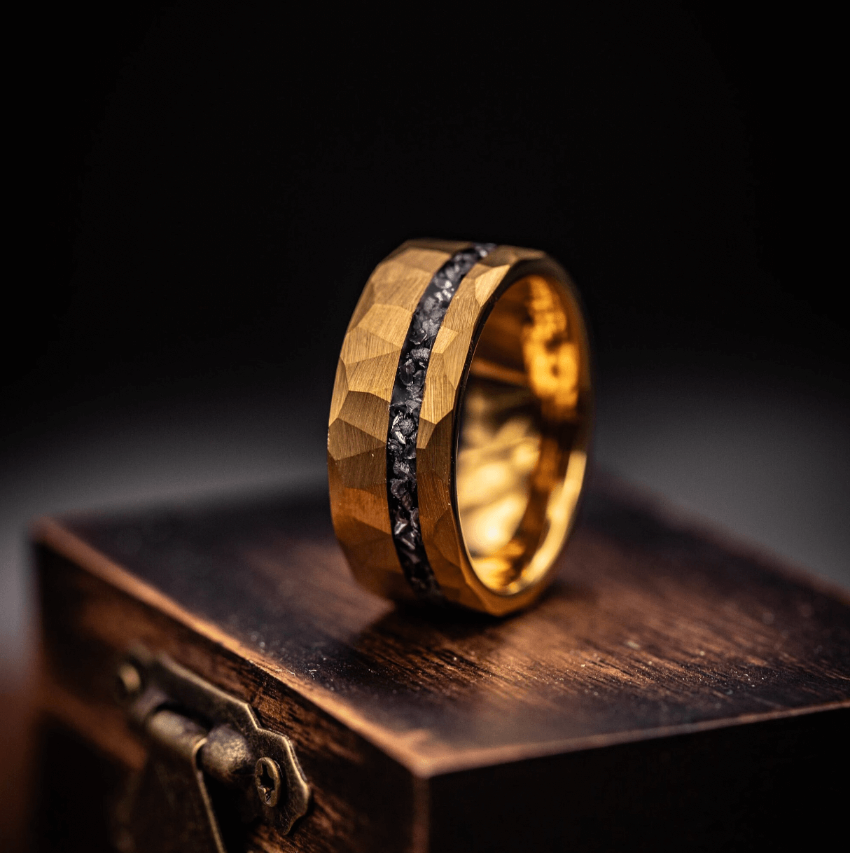 Yellow gold hammered ring with genuine meteorite inlay, rustic 18K gold plated wedding band for men, elegant and unique craftsmanship