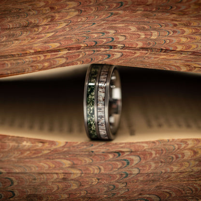 DEER ANTLER and MOSS Agate Ring, Mens Deer Antler and Moss Agate Wedding Band, Real Deer Antler Jewelry, Mens Engagement Ring, 8mm