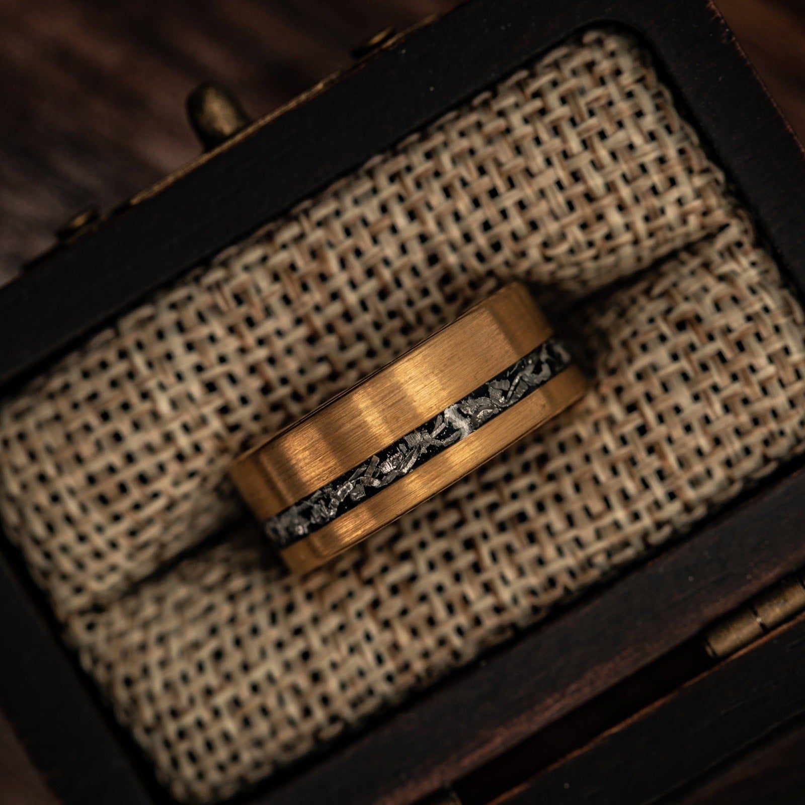 Yellow gold meteorite wedding bands, a perfect symbol of unity for couples.