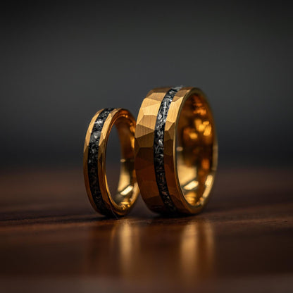 COUPLES HAMMERED GOLD wedding Rings, Yellow Gold Ring, His and Hers Wedding Rings, Gold & Meteorite Wedding Bands, Wedding Ring Set