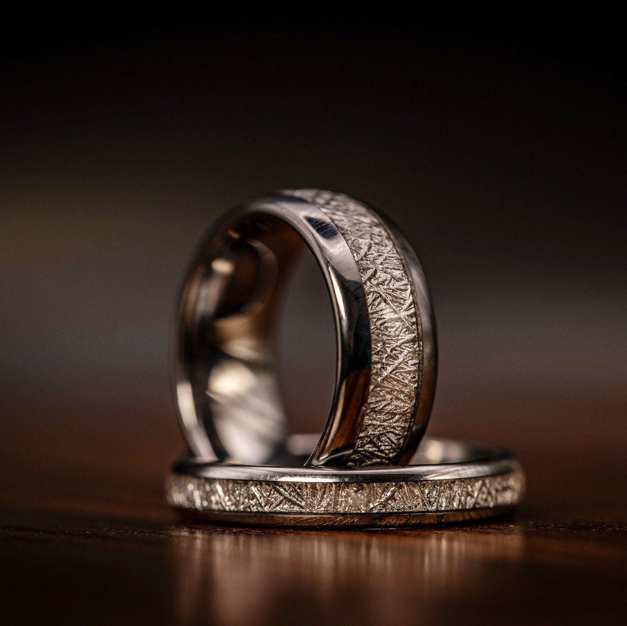 Striking meteorite wedding ring for her, adding a touch of cosmic beauty to any occasion.