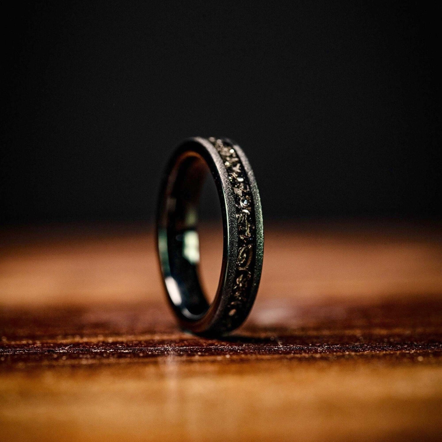 Women's Black Tungsten Wedding Ring with Meteorite inlay and Sandblasted finish