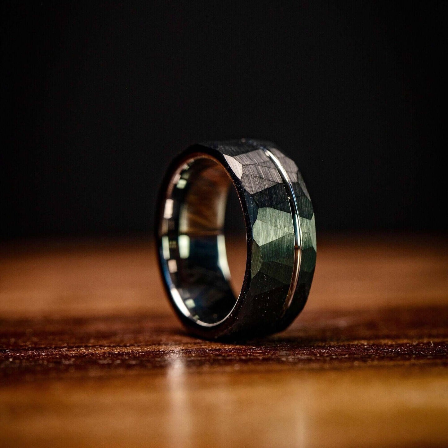 Hammered Black Tungsten Wedding Band with Silver Channel Inlay and Polished Silver Inner Band