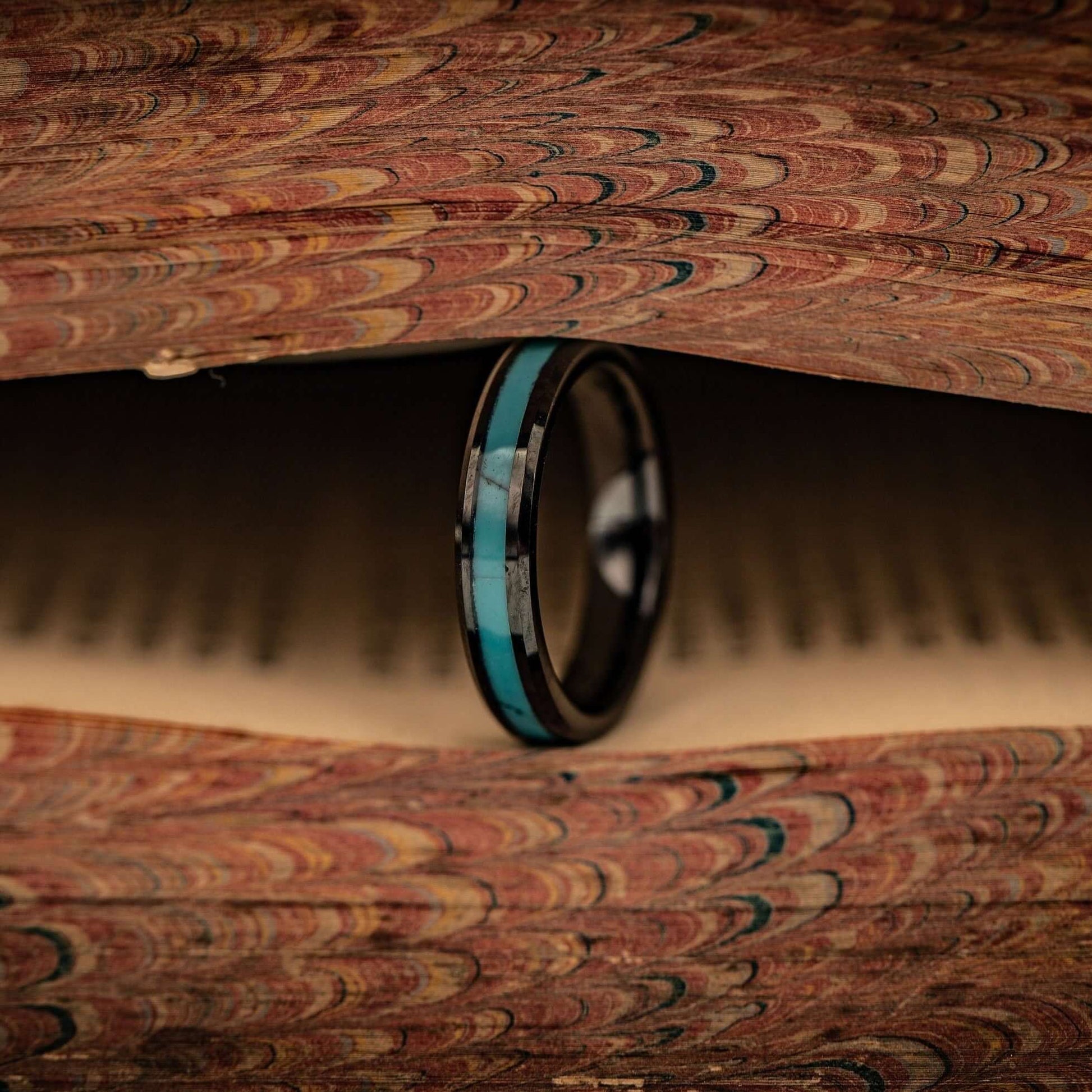4mm engagement ring with blue turquoise inlay and black tungsten band