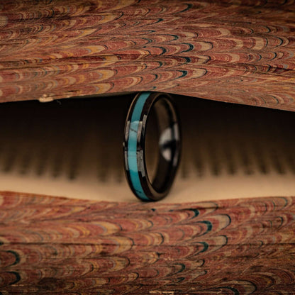 4mm engagement ring with blue turquoise inlay and black tungsten band