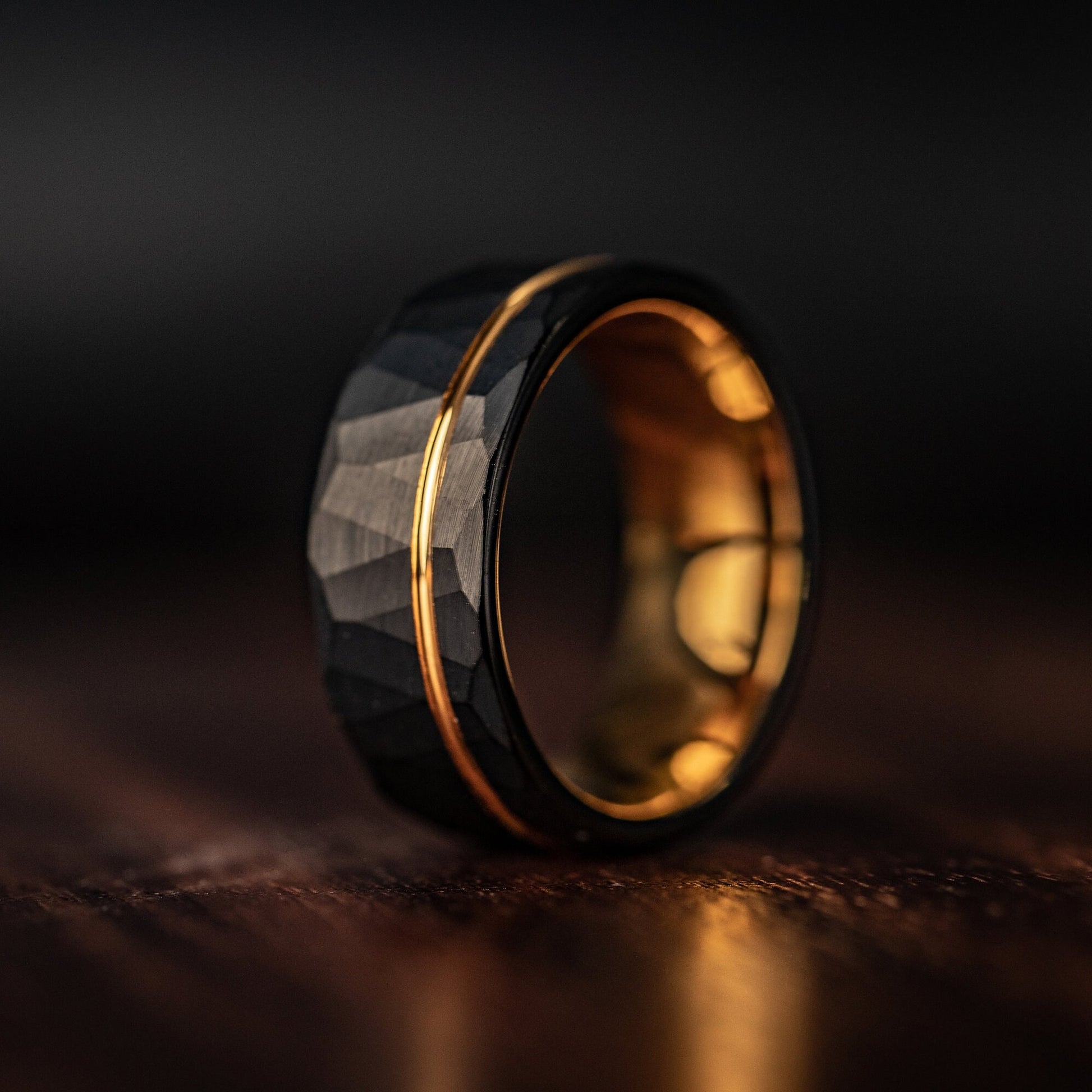 Hammered Black Tungsten Wedding Ring with Polished Rose Gold Inner Band