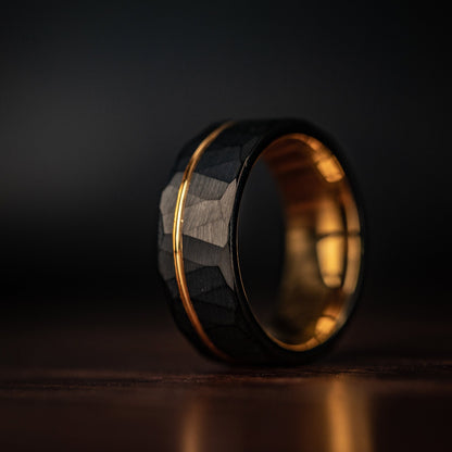 Hammered Black Tungsten Wedding Ring with Polished Rose Gold Inner Band